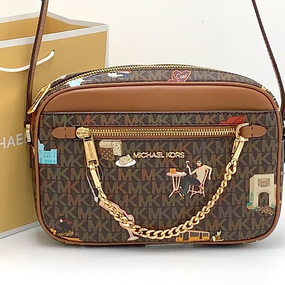 MICHAEL KORS JET SET GIRLS LARGE EAST WEST ZIP PACKED CHAIN XBODY BROWN MULTI - Picture 2 of 16